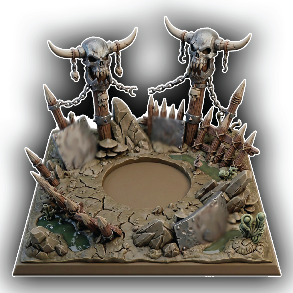 Decorative scene with skulls, chains, and rocks on a gray background