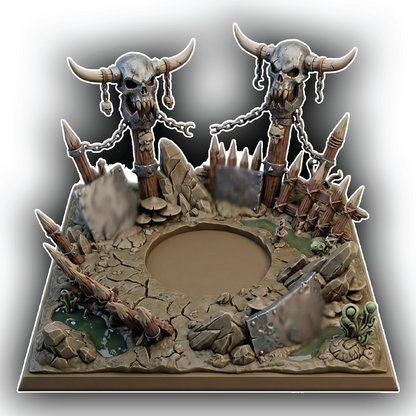Decorative scene with skulls, chains, and rocks on a gray background