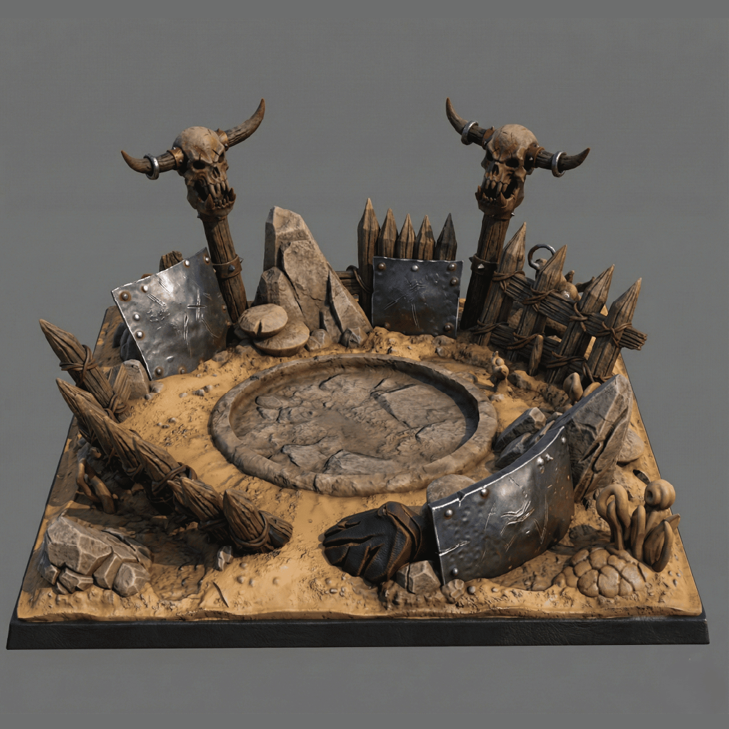 Detailed miniature diorama with skulls, armor, and a stone circle on a gray background