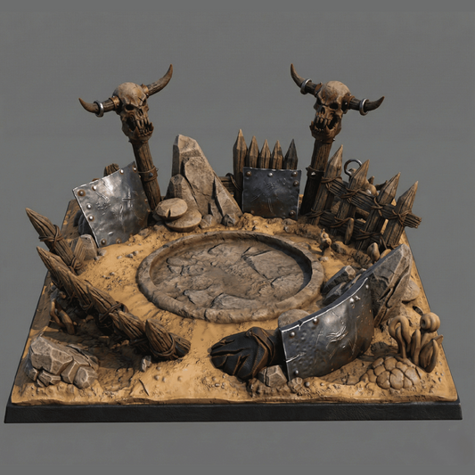 Detailed miniature diorama with skulls, armor, and a stone circle on a gray background