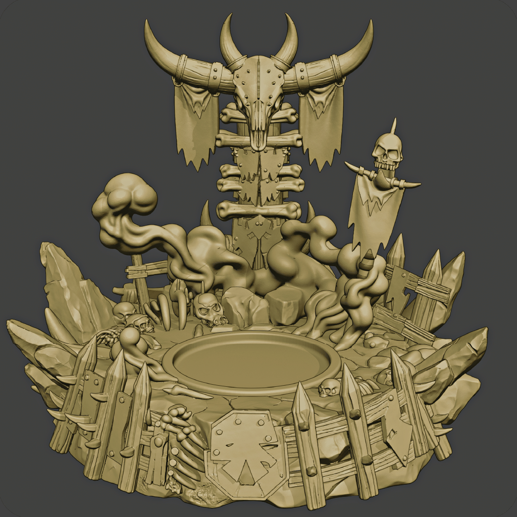 Detailed 3D model of a fantasy scene with a skull, skeletons, and other elements on a dark background.