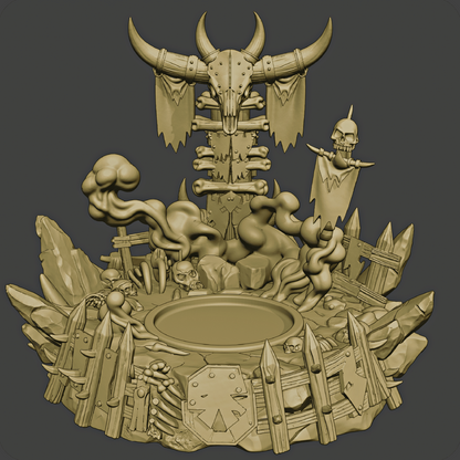 Detailed 3D model of a fantasy scene with a skull, skeletons, and other elements on a dark background.