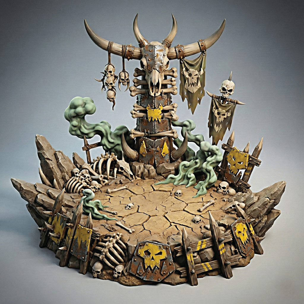 Detailed miniature diorama with a skull and horns structure on a gray background