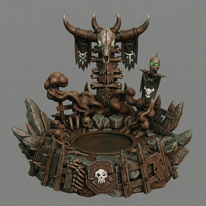 Decorative piece with skeletal figures and skull design on a gray background