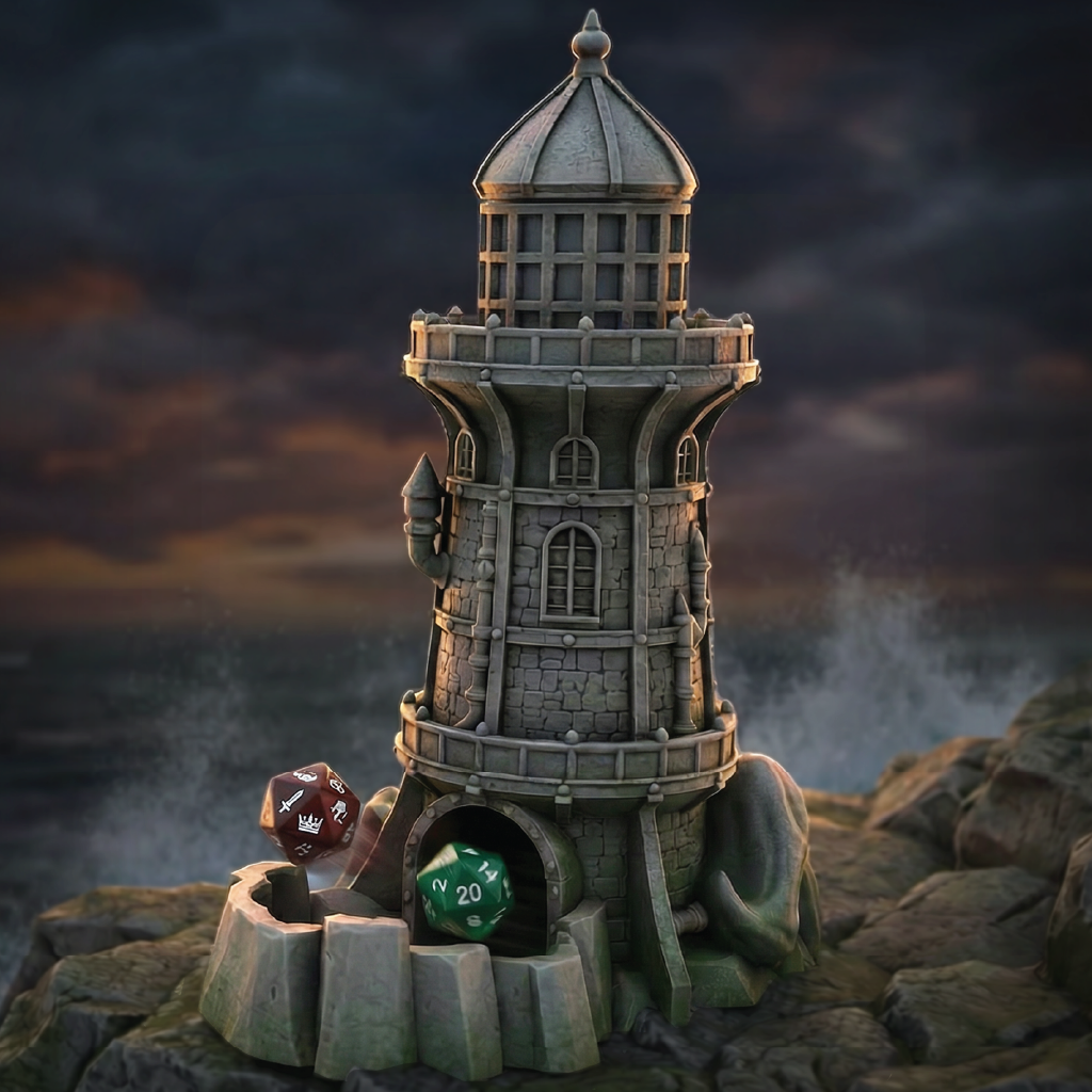 Stone lighthouse with dice on a rocky outcrop against a stormy sea
