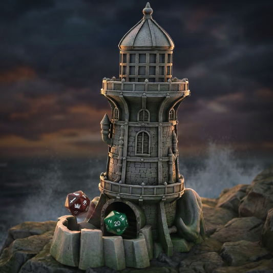 Stone lighthouse with dice on a rocky outcrop against a stormy sea