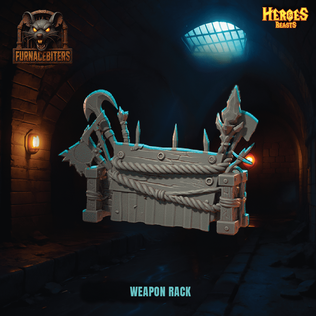 Weapon rack in a dark, dungeon-like setting with 'Heroes & Beasts' branding.