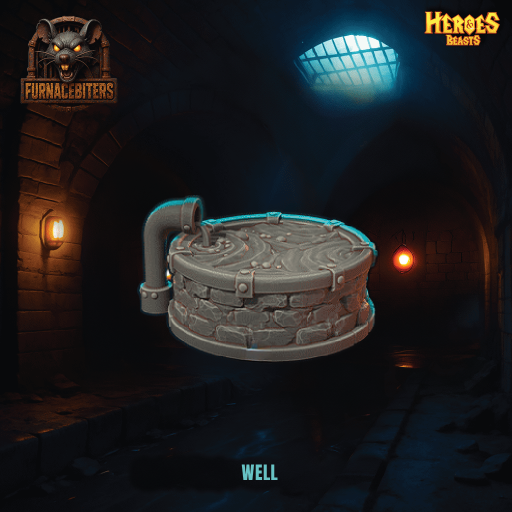 Stone well in a dark, dungeon-like setting with 'Furnace of Bitters' and 'Heroes Beasts' logos.