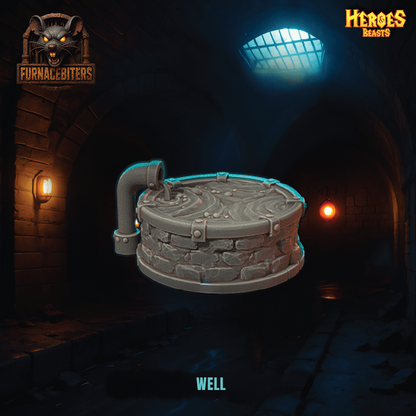 Stone well in a dark, dungeon-like setting with 'Furnace of Bitters' and 'Heroes Beasts' logos.