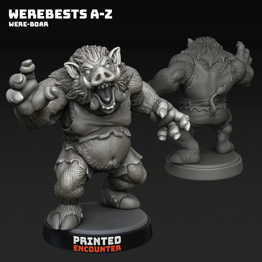 Gray miniature figure of a wereboar with 'Printed Encounter' branding on a black background.
