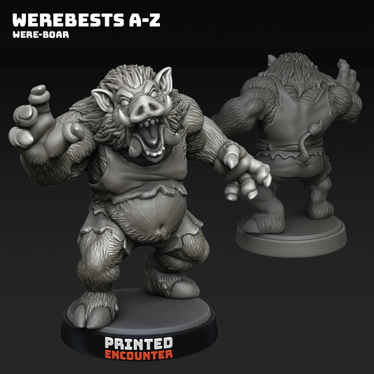 Gray miniature figure of a wereboar with 'Printed Encounter' branding on a black background.