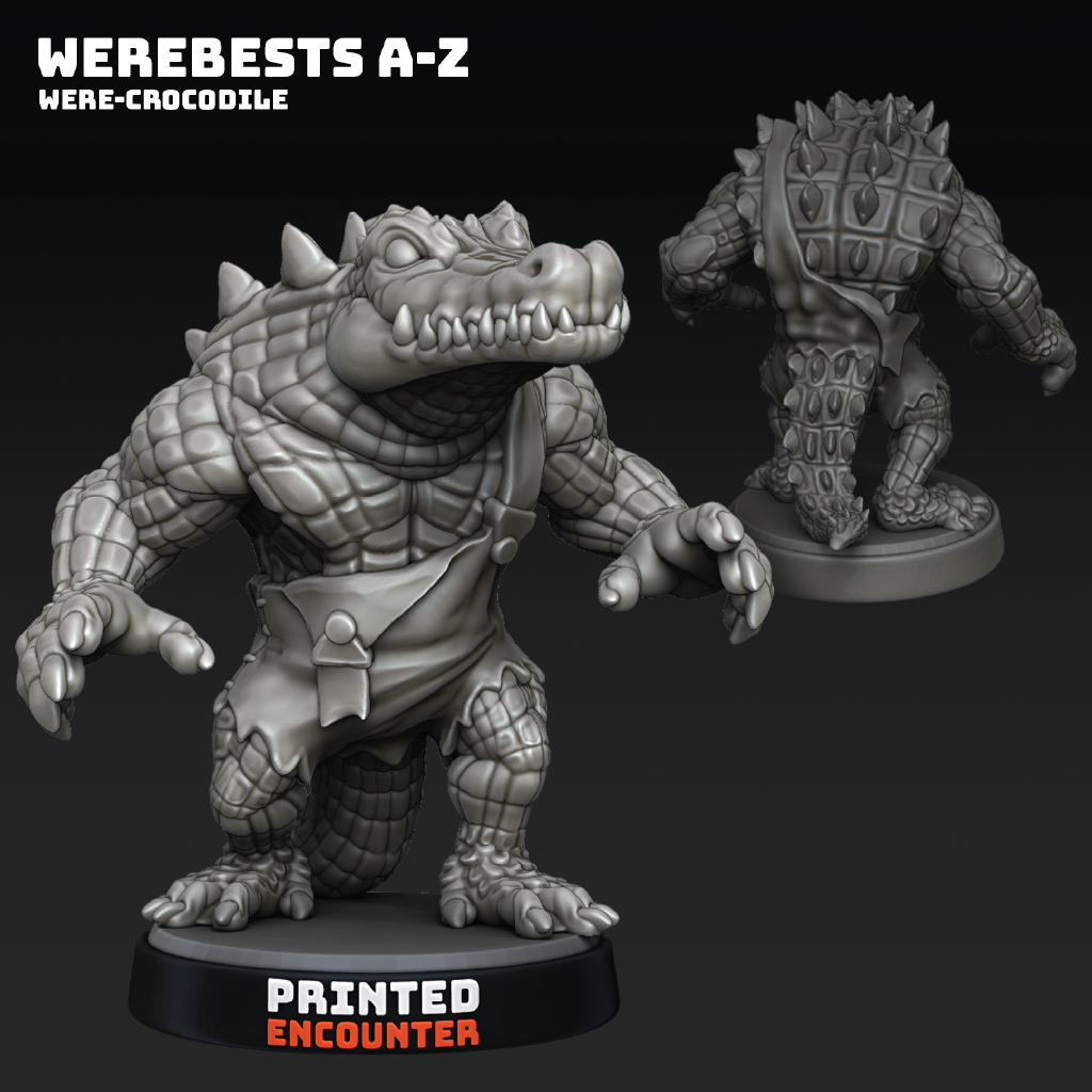 Gray scale figurine of a were-crocodile with detailed scales and a weapon, on a black background.