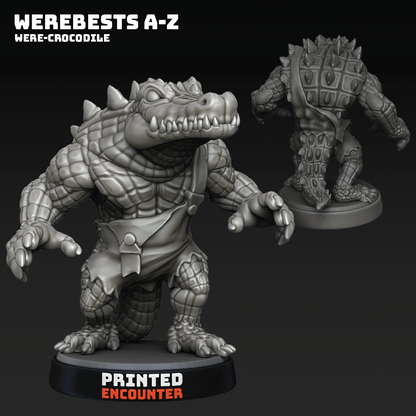 Gray scale figurine of a were-crocodile with detailed scales and a weapon, on a black background.