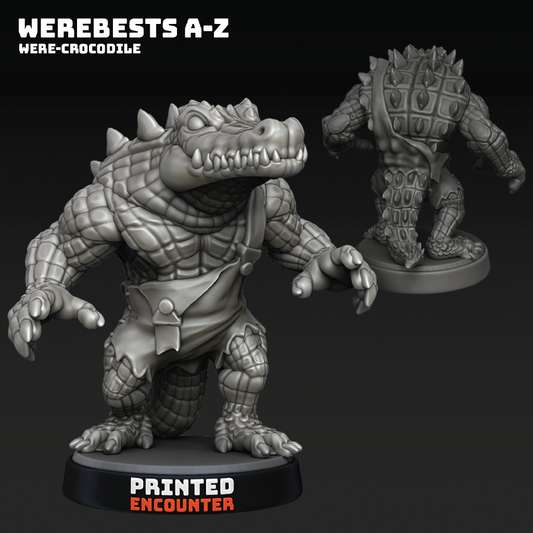 Gray scale figurine of a were-crocodile with detailed scales and a weapon, on a black background.