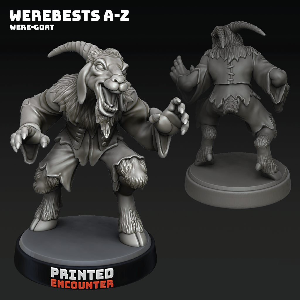 Gray miniature figure of a were-goat with another figure in the background on a black background.