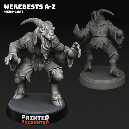 Gray miniature figure of a were-goat with another figure in the background on a black background.