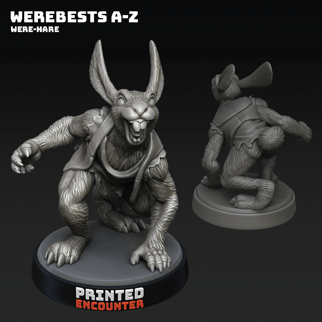 Two gray stone-like figurines of a werehare on a black background with 'Printed Encounter' branding.