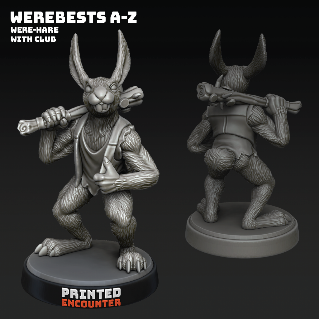 Gray werebeast figurine with club on a black background, labeled 'Printed Encounter'.