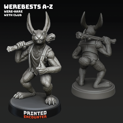 Gray werebeast figurine with club on a black background, labeled 'Printed Encounter'.