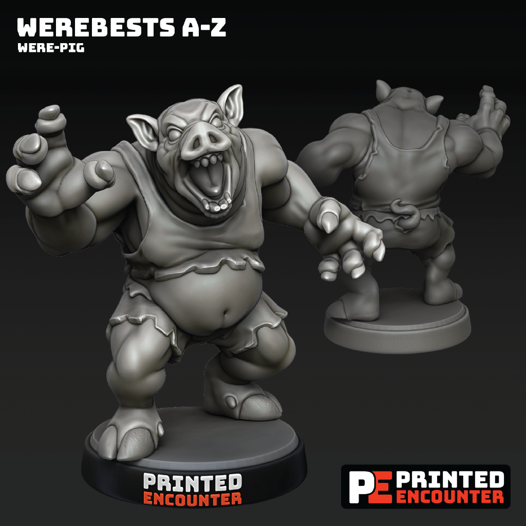 Gray-scale figurine of a were-pig with 'Printed Encounter' branding on a dark background.