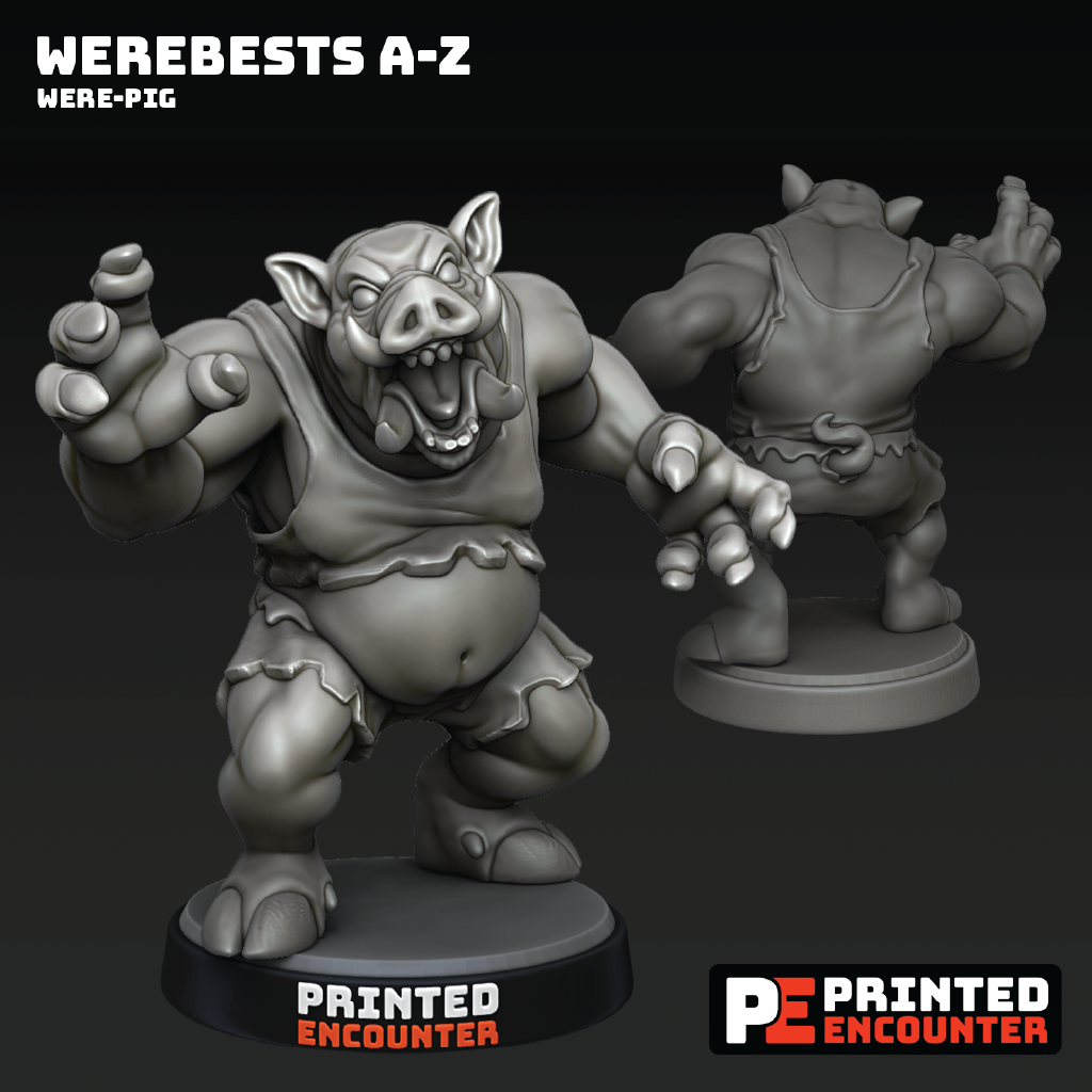 Gray scale figurine of a were-pig with 'Printed Encounter' branding on a black background.