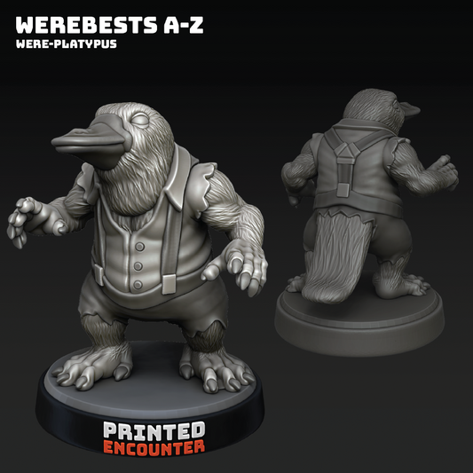 Gray wereplatypus figurine with front and back views on a black background, featuring 'Printed Encounter' branding.