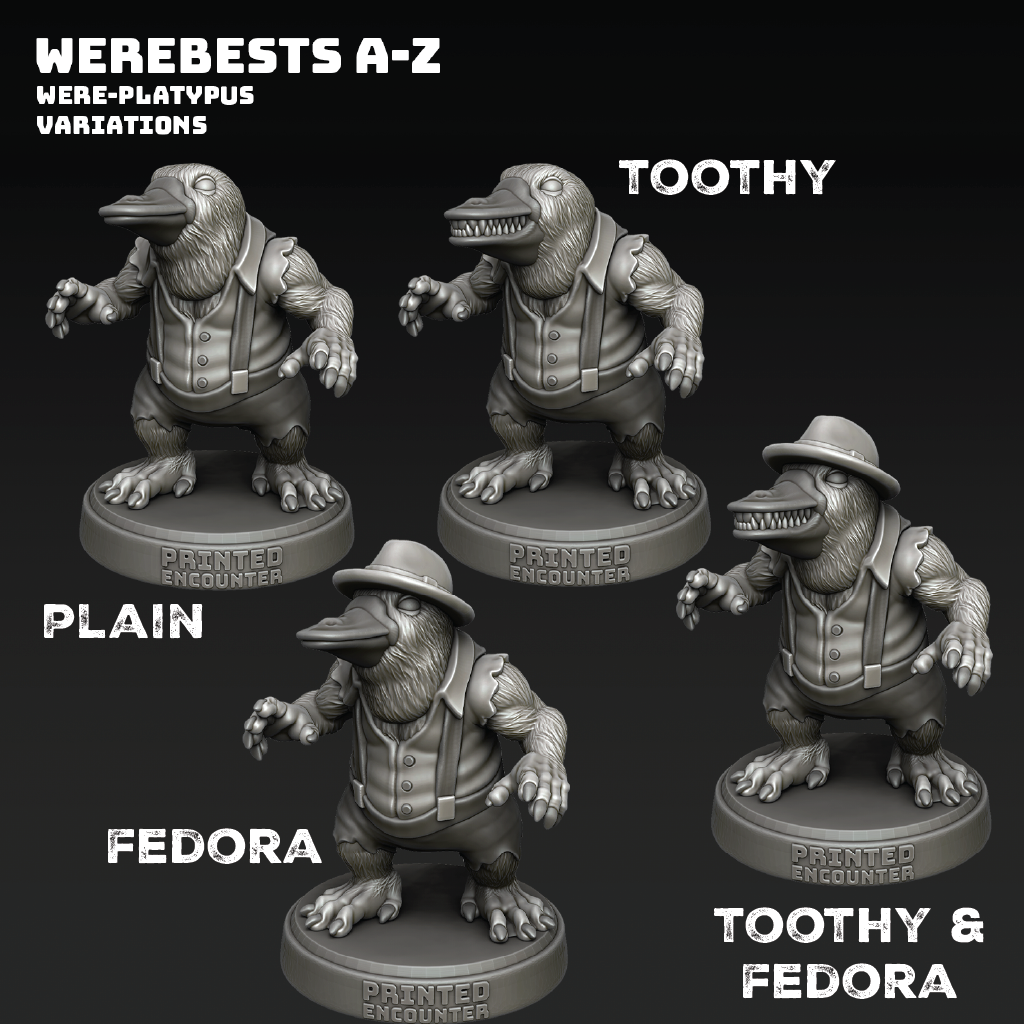 Four wereplatypus figurines with different hairstyles on a black background, labeled 'Plain', 'Toothy', 'Fedora', and 'Toothy & Fedora'.