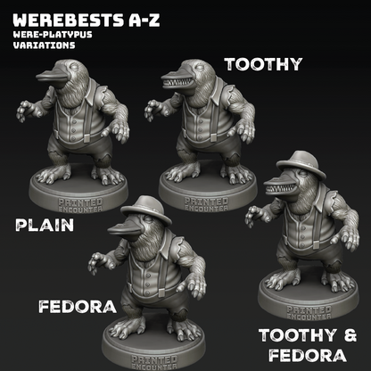 Four wereplatypus figurines with different hairstyles on a black background, labeled 'Plain', 'Toothy', 'Fedora', and 'Toothy & Fedora'.