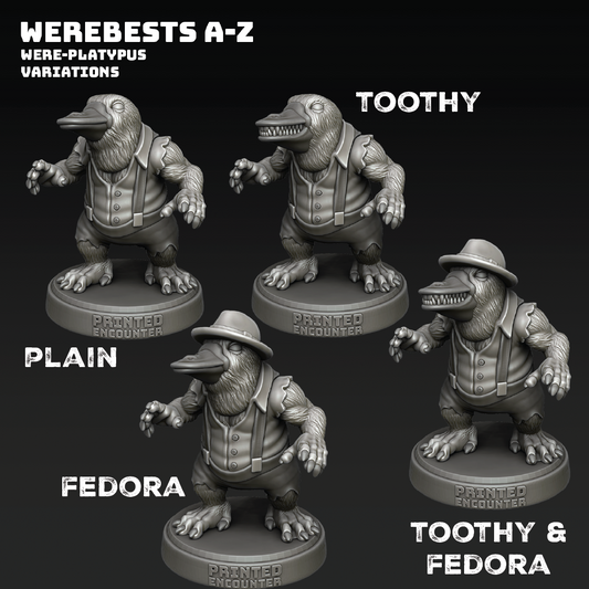 Four wereplatypus figurines with different hairstyles on a black background, labeled 'Plain', 'Toothy', 'Fedora', and 'Toothy & Fedora'.