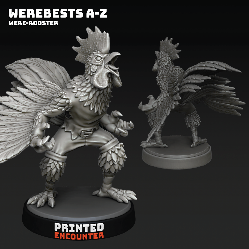 Gray铸件 Were-rooster figurine with 'Printed Encounter' branding on a black background