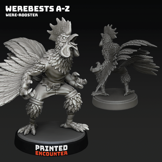 Gray铸件 Were-rooster figurine with 'Printed Encounter' branding on a black background