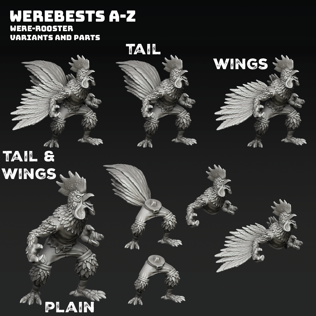 Set of were-rooster variants and parts with labels on a black background