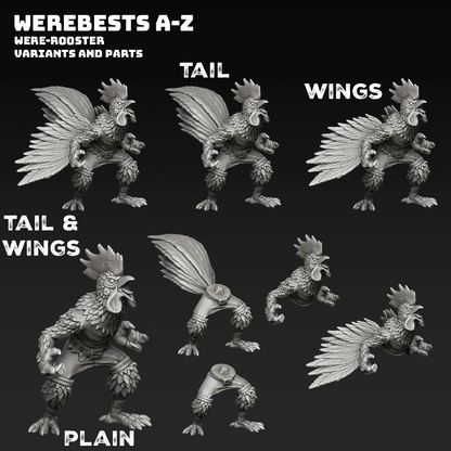 Set of were-rooster variants and parts with labels on a black background
