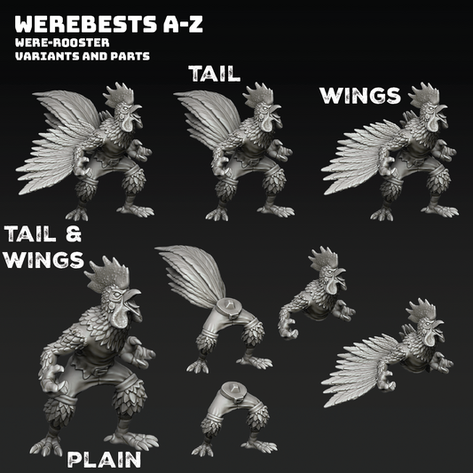 Set of were-rooster variants and parts with labels on a black background