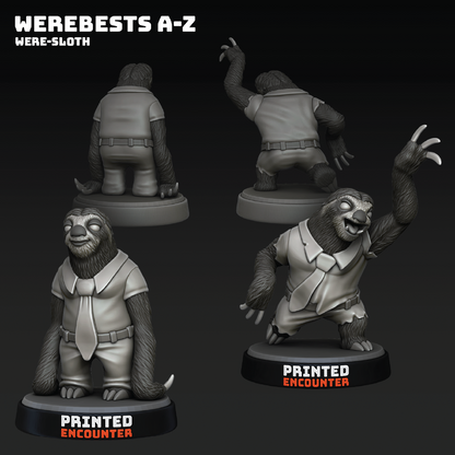 Gray-scale figurine of a were-sloth with different poses on a black background, labeled 'Printed Encounter'.