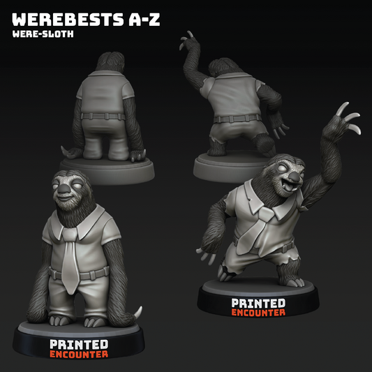 Gray-scale figurine of a were-sloth with different poses on a black background, labeled 'Printed Encounter'.