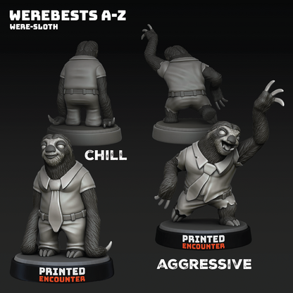 Four views of a were-sloth figurine with labeled expressions on a black background.