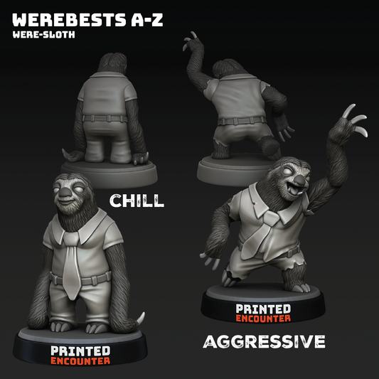 Four views of a were-sloth figurine with labeled expressions on a black background.