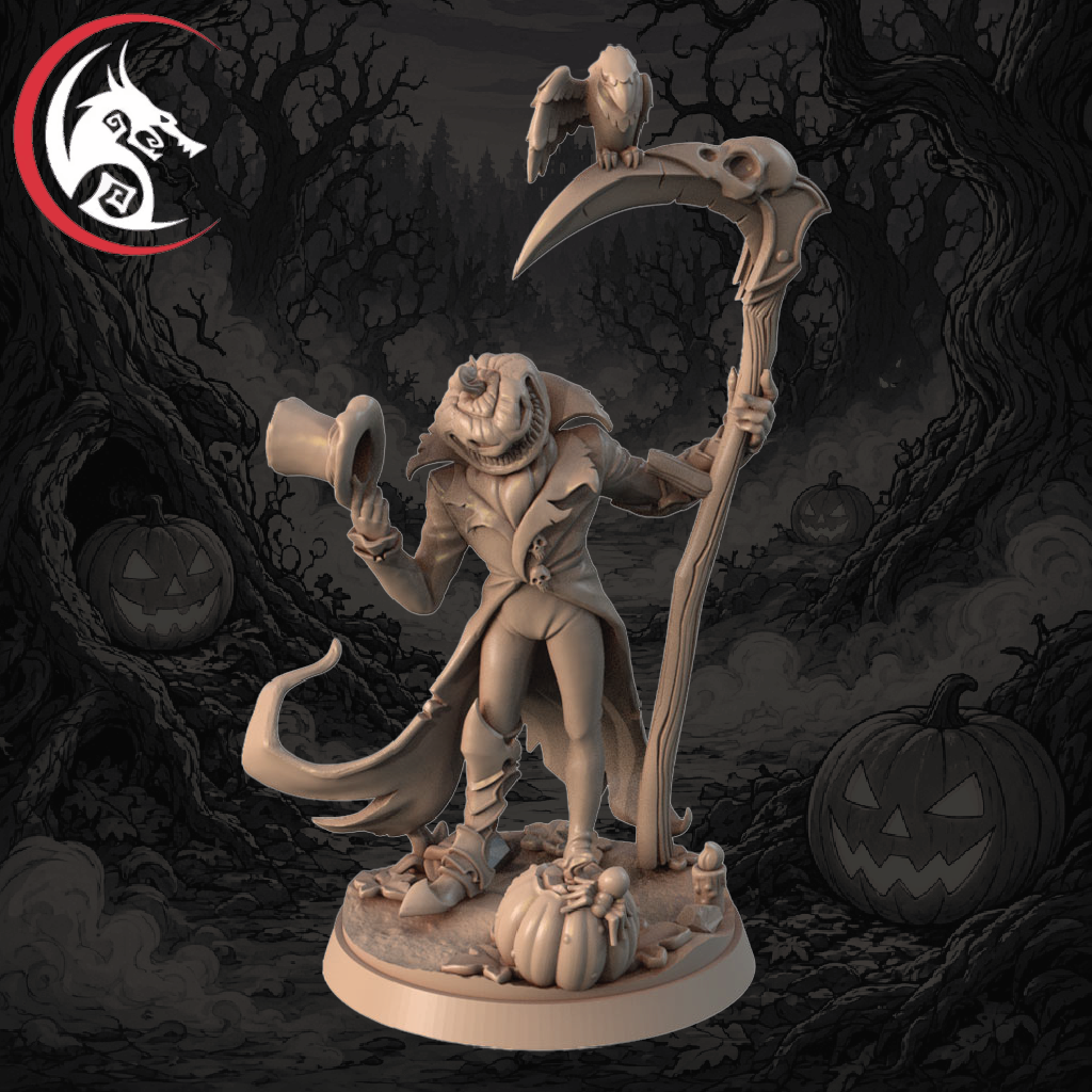 An unpainted resin miniature figurine of a Victorian-era gentleman dressed as a grim reaper, holding a large scythe and tipping his top hat. The figure stands on a round base with small pumpkins and a small owl perched on the scythe's blade.