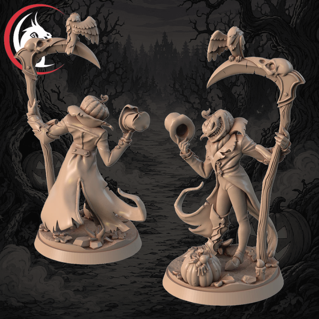 Two unpainted fantasy tabletop miniatures shown front-facing against a dark spooky forest backdrop. The figures are pale beige resin/plastic with carved pumpkin and bird details, each holding a large scythe and a small horn, with a red-and-black logo in the upper left.