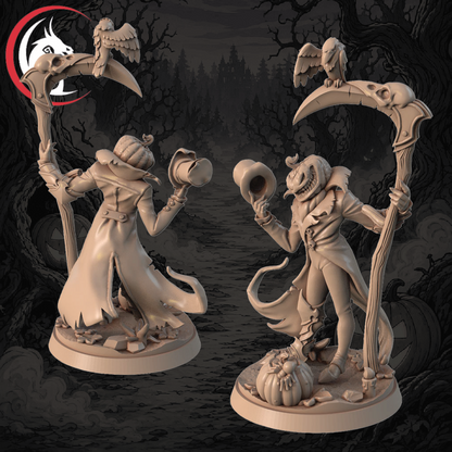 Two unpainted fantasy tabletop miniatures shown front-facing against a dark spooky forest backdrop. The figures are pale beige resin/plastic with carved pumpkin and bird details, each holding a large scythe and a small horn, with a red-and-black logo in the upper left.