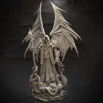 Statue of a winged figure with a staff and robe on a dark background