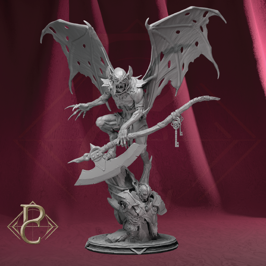 A gray fantasy miniature figurine of a skeletal winged demon or gargoyle crouching on a base while holding a large double-headed axe, set against a dark red draped backdrop with a gold monogram logo in the lower left.