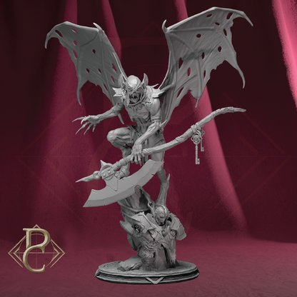 A gray fantasy miniature figurine of a skeletal winged demon or gargoyle crouching on a base while holding a large double-headed axe, set against a dark red draped backdrop with a gold monogram logo in the lower left.