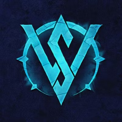 Glowing blue logo on a dark background