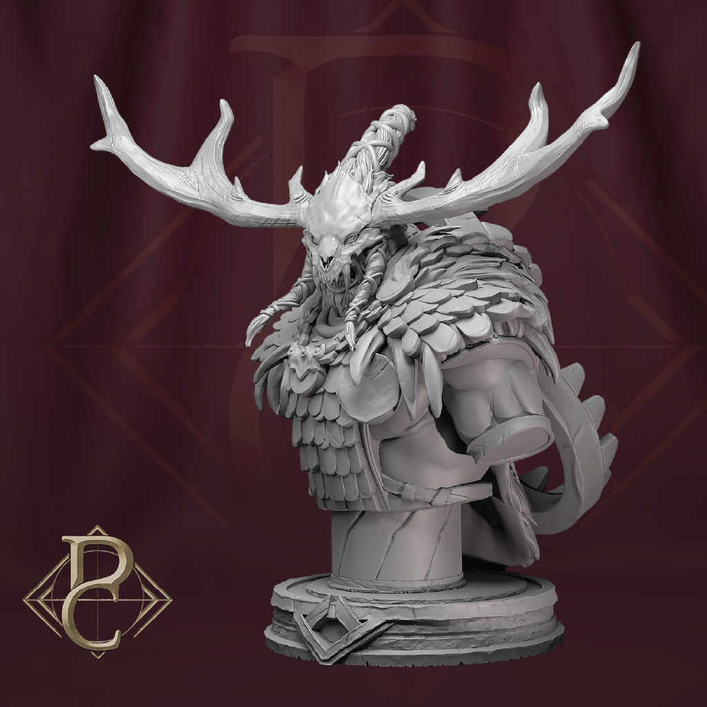 3D render of a druid beast hunter bust with an antler helmet