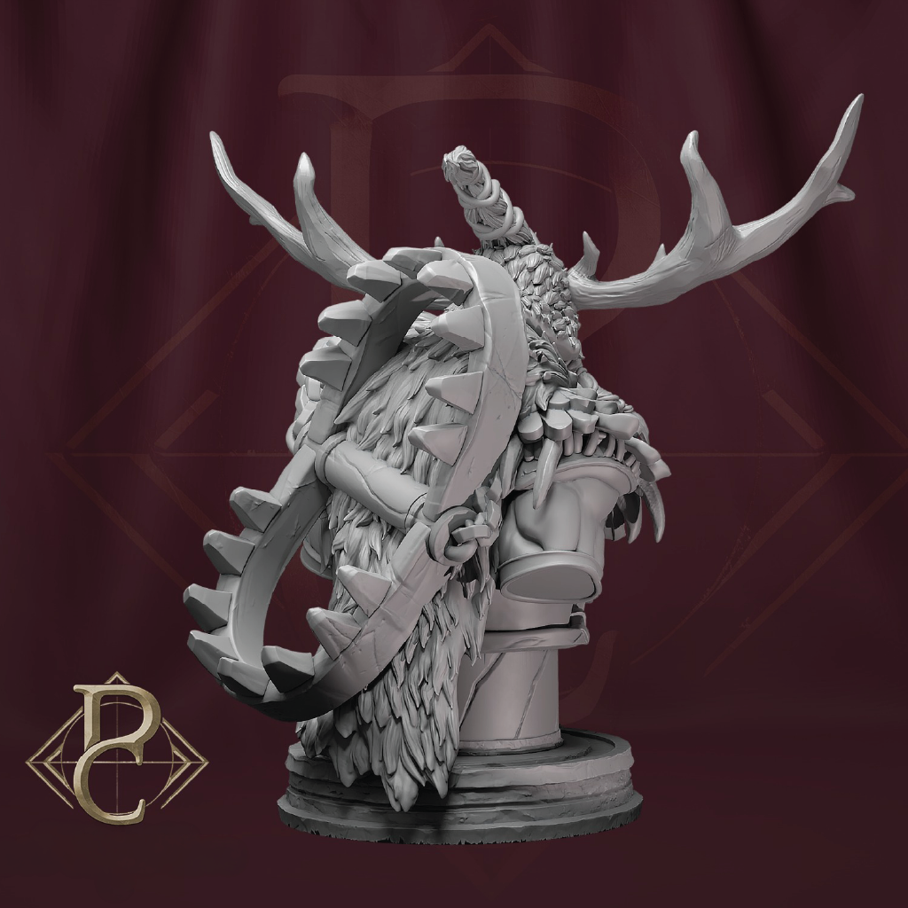 3D render of a druid beast hunter bust with an antler helmet