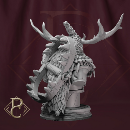 3D render of a druid beast hunter bust with an antler helmet