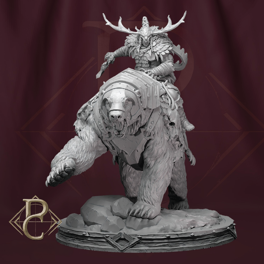 3D render of a druid beast hunter riding an armored bear mount