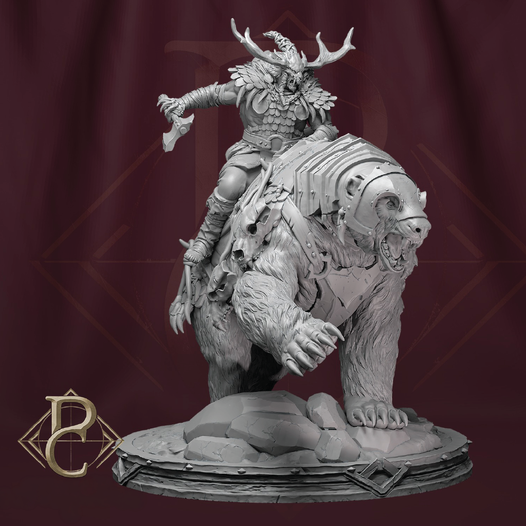 3D render of a druid beast hunter riding an armored bear mount